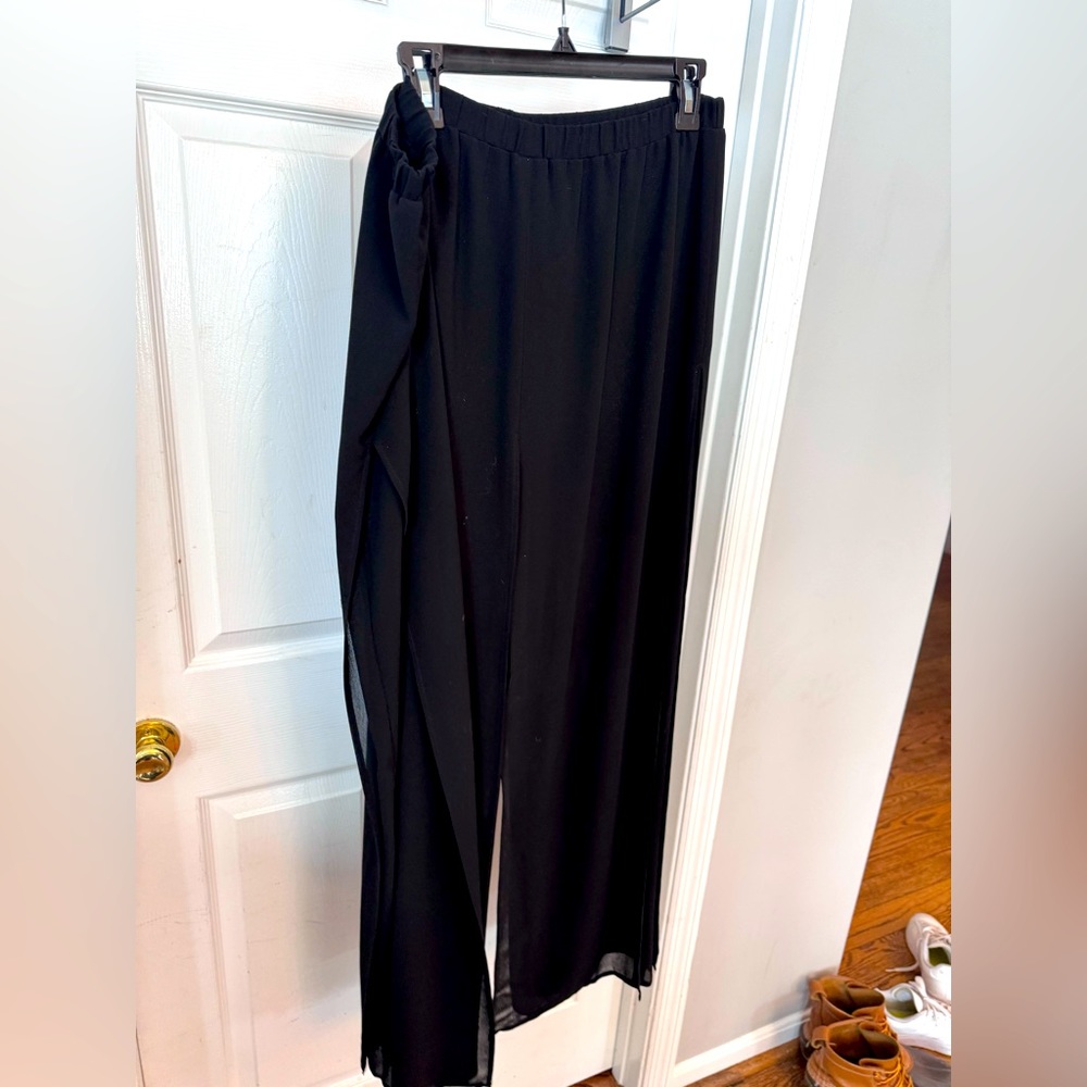 Black evening pants w/ split sheer overlay